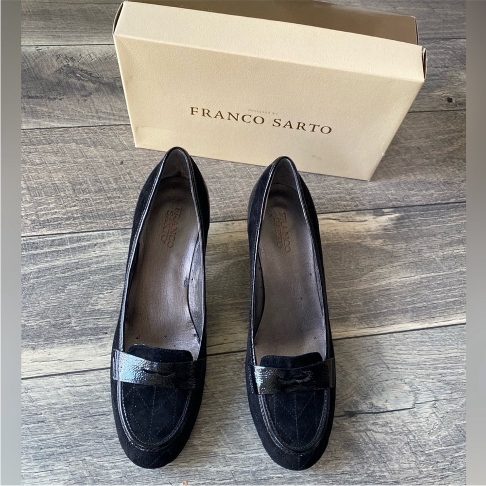 NWT Franco Sarto Kitten Heels Black Suede Penny Loafer Pumps Size 10.5 N Narrow